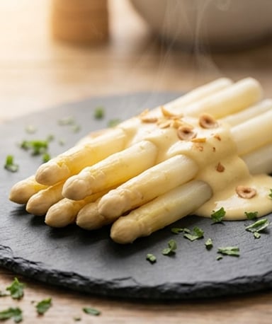 Asperges blanches croquantes, sauce mousseline légère et copeaux de noisette torréfiée