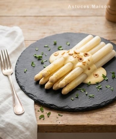Asperges blanches croquantes, sauce mousseline légère et copeaux de noisette torréfiée