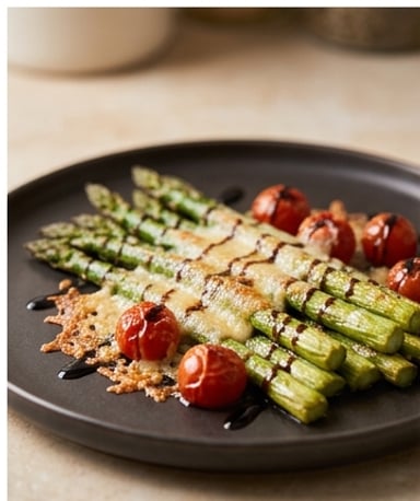Asperges rôties au parmesan croustillant et tomates confites