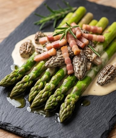 Asperges vertes croustillantes, morilles crémeuses et lardons dorés – la recette qui sent le printemps