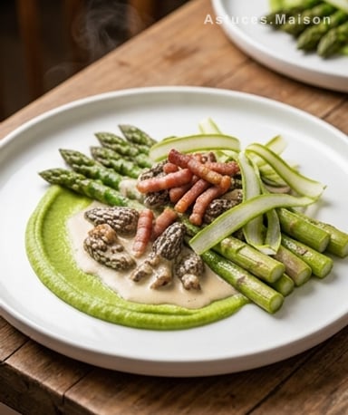 Asperges vertes croustillantes, morilles crémeuses et lardons dorés – la recette qui sent le printemps