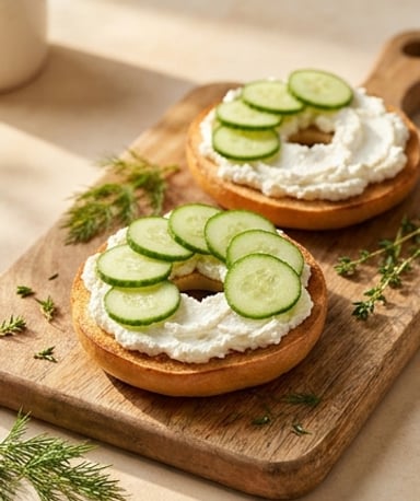 Bagels croustillants au chèvre fouetté et concombre croquant