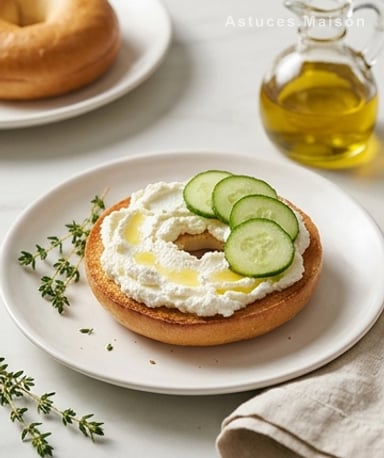 Bagels croustillants au chèvre fouetté et concombre croquant