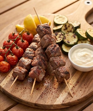 Brochettes d’agneau grillées au piment d’Espelette et légumes rôtis