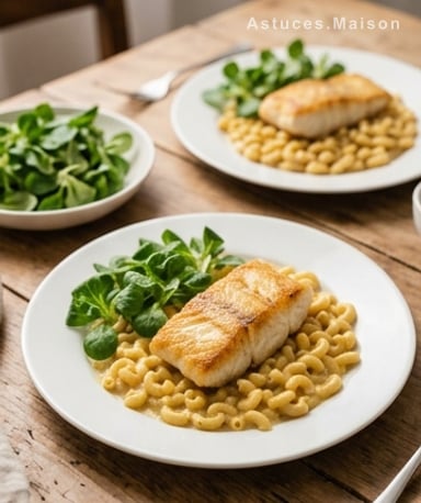 Cabillaud grillé, coquillettes curry et sauce beurre citron