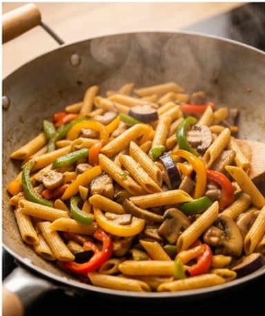 Coquillettes croustillantes au wok de légumes, sauce fromage blanc épicée
