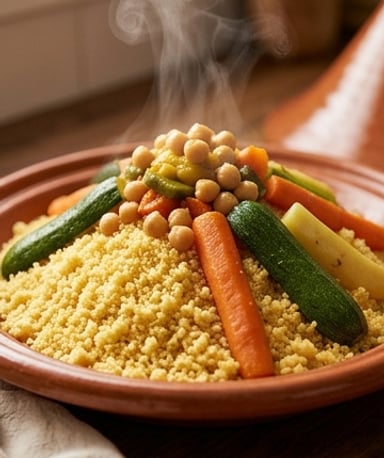 Couscous marocain du vendredi : semoule légère et légumes fondants en bouillon parfumé