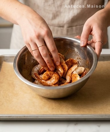 Préparer les crevettes et le four
