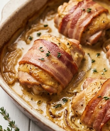 Cuisses de Poulet Paysannes au Four, Sauce Moutarde & Lard Fumé