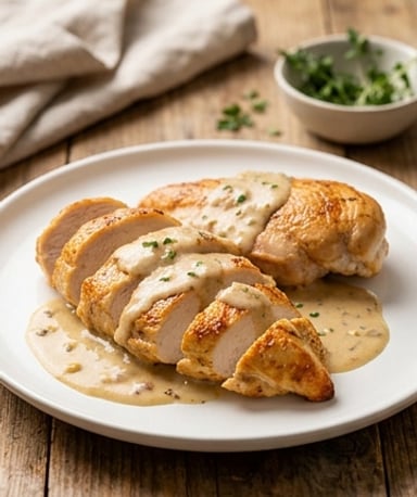 Filet de poulet rôti à la crème d’échalotes et moutarde : moelleux et gourmand