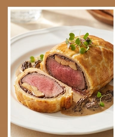 Filet mignon en croûte au foie gras et sauce onctueuse aux morilles