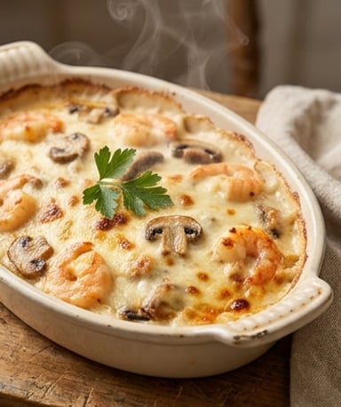 Gratin de crevettes et champignons : onctueux à s’en lécher les doigts