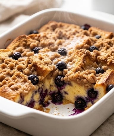 Gratin de pain perdu aux myrtilles : le brunch qui se prépare la veille