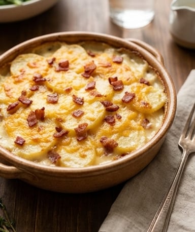 Gratin de pommes de terre crémeux au fromage et lardons croustillants