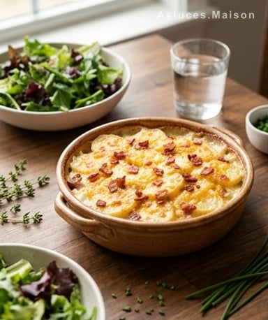 Gratin de pommes de terre crémeux au fromage et lardons croustillants