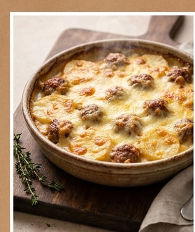 Gratin de pommes de terre et boulettes : le duo fondant qui réconforte