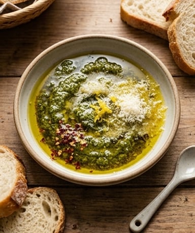 Huile d’olive au pesto et citron pour pain
