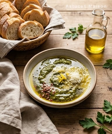 Huile d'olive au pesto et citron pour pain