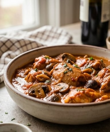 Lapin mijoté aux champignons et sauce tomate parfumée