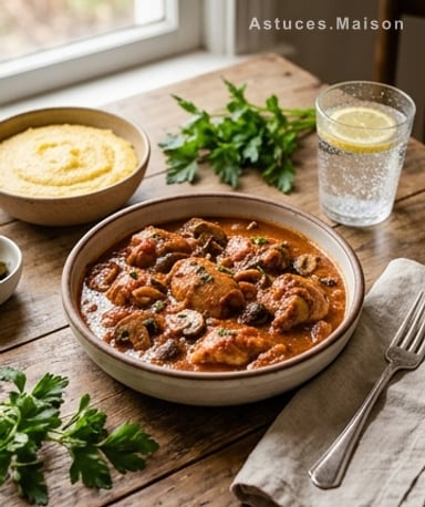 Lapin mijoté aux champignons et sauce tomate parfumée