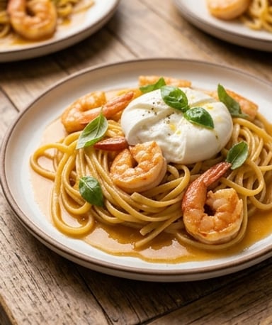 Linguine crémeuses aux crevettes et burrata fondante, comme en Italie du Sud