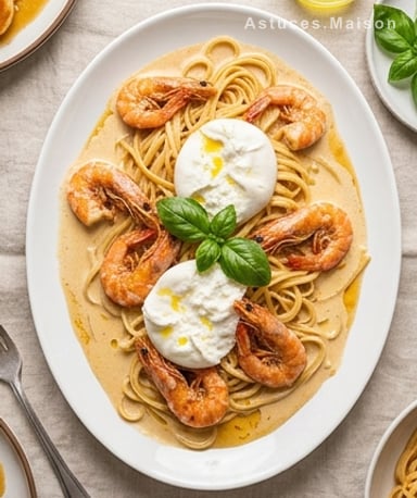 Linguine crémeuses aux crevettes et burrata fondante, comme en Italie du Sud