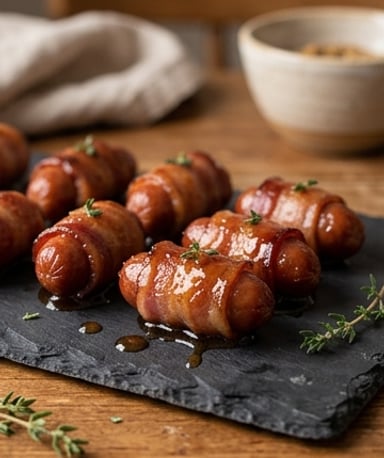 Mini saucisses enroulées de bacon caramélisé : le snack qui fait disparaître les plateaux