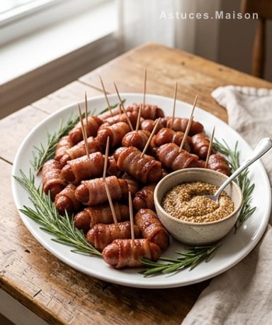 Mini saucisses enroulées de bacon caramélisé : le snack qui fait disparaître les plateaux