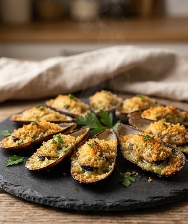 Moules farcies au beurre d’ail et chapelure croustillante