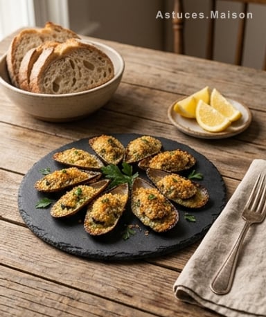 Moules farcies au beurre d'ail et chapelure croustillante