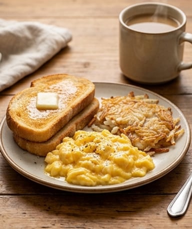 Petit-déjeuner réconfortant : œufs brouillés crémeux, pommes de terre croustillantes et pain doré