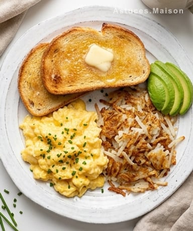 Petit-déjeuner réconfortant : œufs brouillés crémeux, pommes de terre croustillantes et pain doré