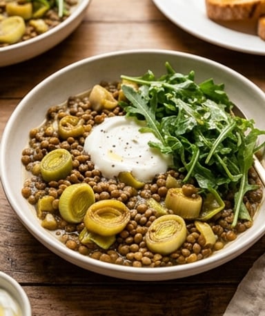 Poêlée de poireaux braisés et lentilles, roquette et yaourt citronné