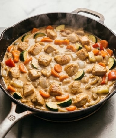 Poêlée de poulet crémeux et légumes croquants, prête en 40 min