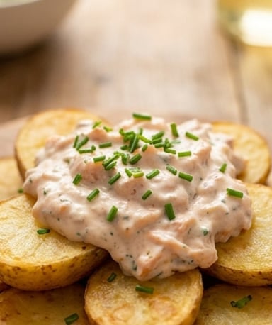 Pommes de terre fondantes au saumon fumé, crème à l’ail et ciboulette
