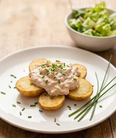 Pommes de terre fondantes au saumon fumé, crème à l'ail et ciboulette