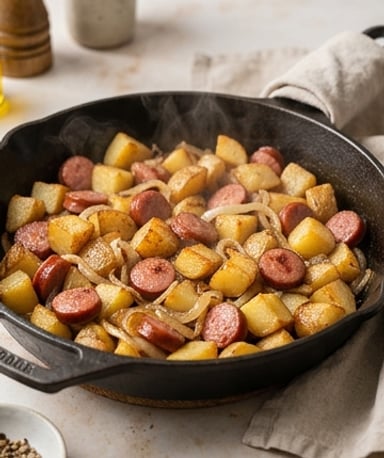 Pommes de terre rissolées aux oignons et saucisse fumée – le plat réconfort qui claque