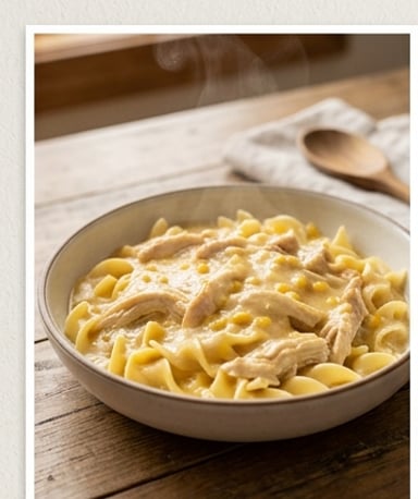 Poulet à la crème de maïs et nouilles : le plat réconfort qui fond en bouche