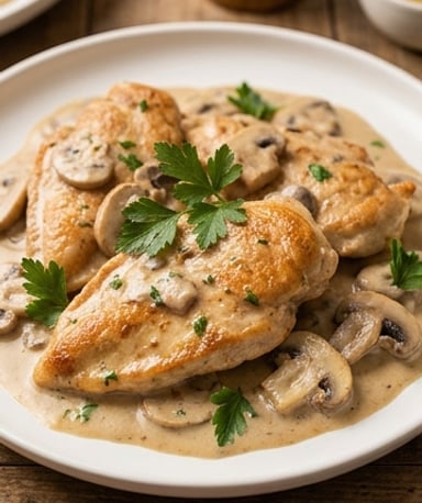 Poulet aux champignons, sauce crémeuse légère et réconfortante