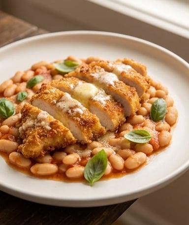 Poulet croustillant à l’ail et beurre, posé sur haricots fondants à la tomate