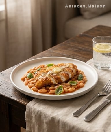 Poulet croustillant à l'ail et beurre, posé sur haricots fondants à la tomate