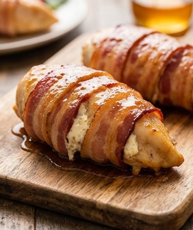 Poulet farci au fromage frais enrobé de bacon de dinde