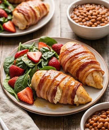 Poulet farci au fromage frais enrobé de bacon de dinde