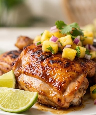 Poulet jerk caribéen croustillant et sa salsa d’ananas acidulée