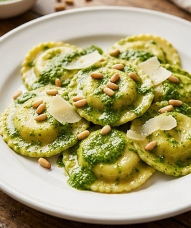 Ravioles maison au fromage frais, pesto de roquette