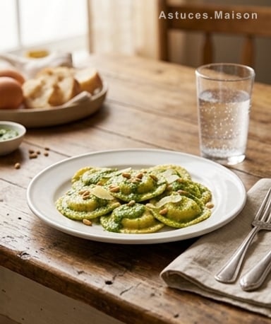 Ravioles maison au fromage frais, pesto de roquette