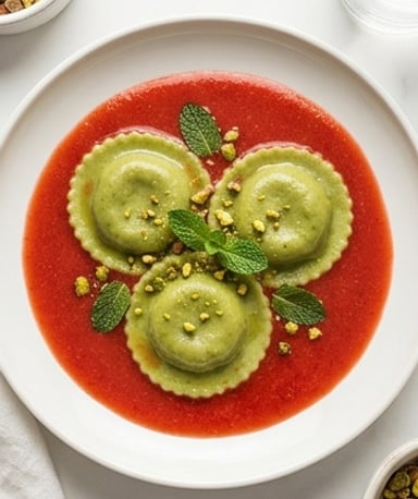 Ravioles sucrées pistache et soupe de fraise : un dessert qui claque