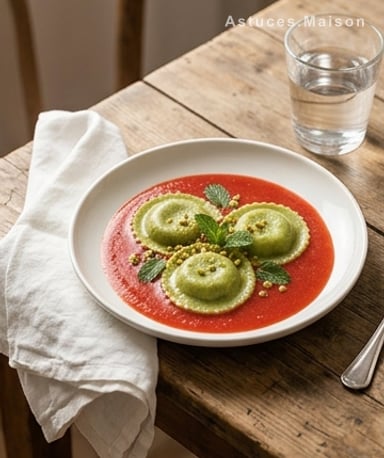 Ravioles sucrées pistache et soupe de fraise : un dessert qui claque