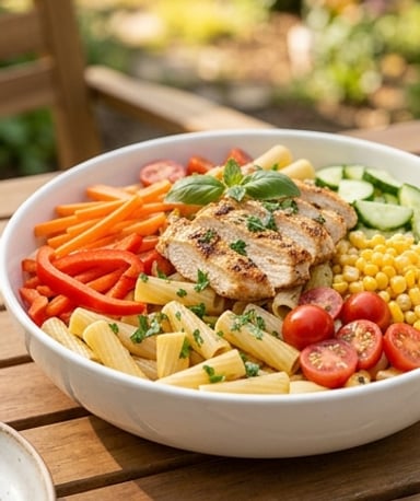Rigatoni croquants, poulet grillé et légumes qui chantent l’été