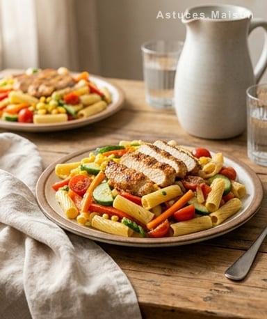 Rigatoni croquants, poulet grillé et légumes qui chantent l'été